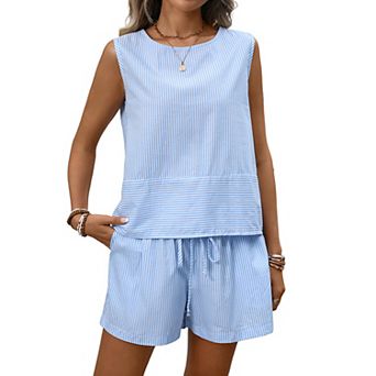 Women's Striped 2 pc Outfit, Sleeveless Tank Top & Elastic Drawstring Shorts Loungewear