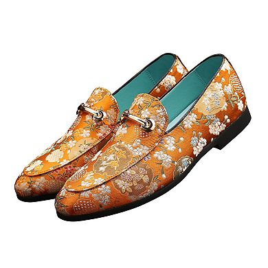 Men's Orange Floral Print Loafers Patterned Slip-On Dress Shoes