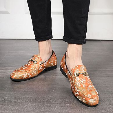 Men's Orange Floral Print Loafers Patterned Slip-On Dress Shoes