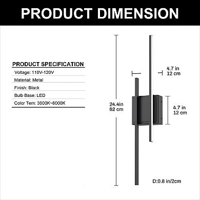24.4in Rechargeable LED Wall Lights 2 Pack Matte Black 6W 3CCT Dimmable Remote Timer