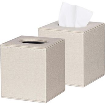 KSIZUIS 2-Pack Beige Leather Square Tissue Box Covers with Magnetic Bottom for Vanity & Office