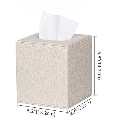KSIZUIS 2-Pack Beige Leather Square Tissue Box Covers with Magnetic Bottom for Vanity & Office