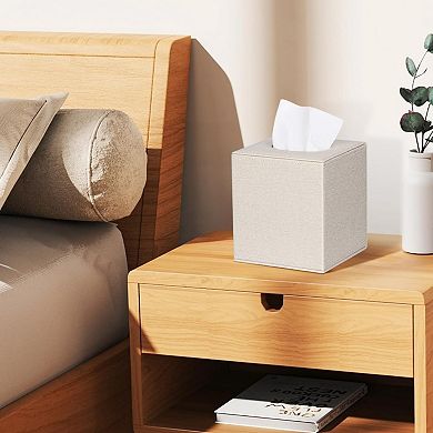 KSIZUIS 2-Pack Beige Leather Square Tissue Box Covers with Magnetic Bottom for Vanity & Office