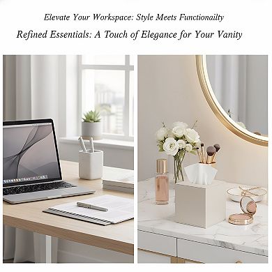 KSIZUIS 2-Pack Beige Leather Square Tissue Box Covers with Magnetic Bottom for Vanity & Office