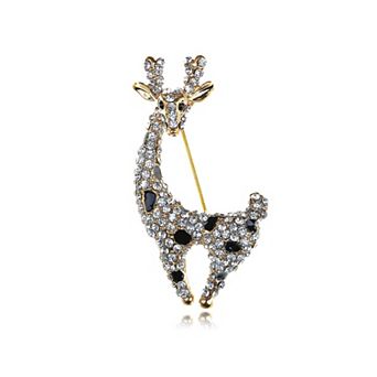 Womens Golden Tone Clear Rhinestones Spotted Long Neck Deer Doe Brooch Pin