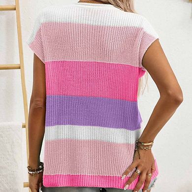 Women's Color-Block Short-Sleeve Sweater U-Neck Casual Knit Top