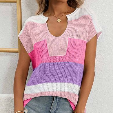 Women's Color-Block Short-Sleeve Sweater U-Neck Casual Knit Top