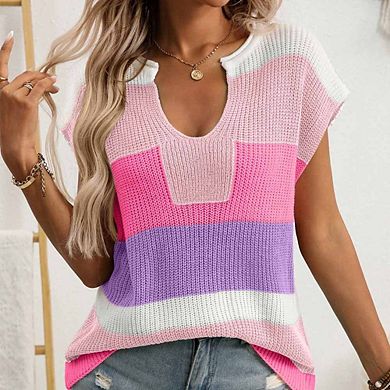 Women's Color-Block Short-Sleeve Sweater U-Neck Casual Knit Top