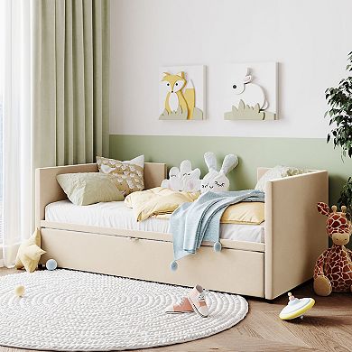 Pnronnc Twin Size Upholstered Daybed with Pop Up Trundle Bed, Twin to King Design Sofa Bed