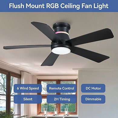 Low Profile Ceiling Fan with RGB LED Backlight,Remote APP Control,6 Speeds