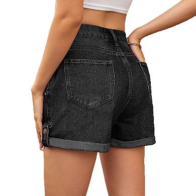 Women's Summer Jean Shorts High Waisted Casual Folded Hem Denim Shorts with Pockets