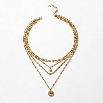 Women's Multi-Layer Chain Necklace with Coin and Crystal Pendants 14.5+2in