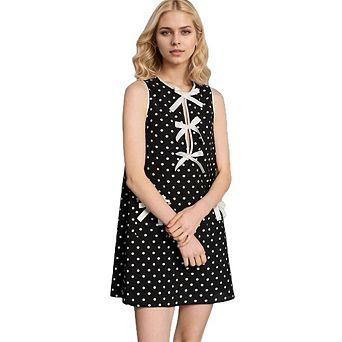 Women's Elegant Classic Style Dress Bow Front Polka Dot Sleeveless Dress