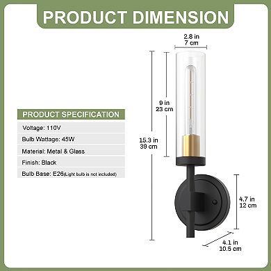 15.3in Modern Wall Light 2 Pack Black Metal Clear Glass Shade for Living Room Bedroom E26