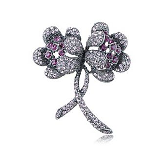 Womens Silvery Tone Violet Purple Colored Rhinestones Floral Two Flower Brooch Pin