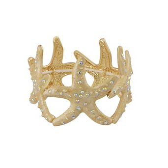 Sealife Gold Tone Aurora Borealis Ocean Boho Elastic Expandable Starfish Bracelet with Crystals