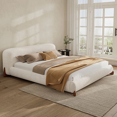 Pnronnc Upholstered Low Profile Platform Bed with Boucle Thick Headboard, Solid Wood Legs