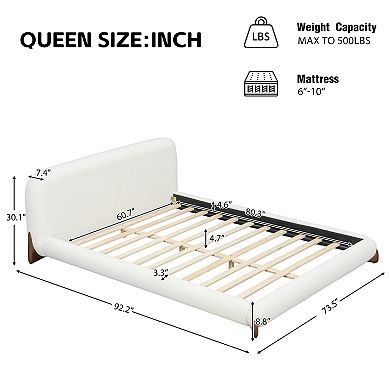 Pnronnc Upholstered Low Profile Platform Bed with Boucle Thick Headboard, Solid Wood Legs