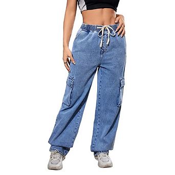 Women's Cargo Jeans Elastic Waist Stretch Straight Denim Pants with Pockets Baggy Streetwear Pant