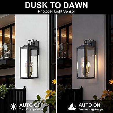 18.1in Outdoor Wall Sconce 2 Pack Matte Black Gold Clear Glass Light Sensor E12 Base for Porch