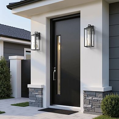 18.1in Outdoor Wall Sconce 2 Pack Matte Black Gold Clear Glass Light Sensor E12 Base for Porch