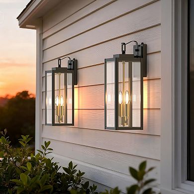 18.1in Outdoor Wall Sconce 2 Pack Matte Black Gold Clear Glass Light Sensor E12 Base for Porch