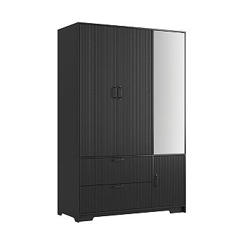 Pnronnc Wooden Freestanding 4 Door Wardrobe Armoire with Mirror Door LED and Hanging Rod