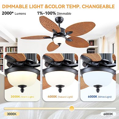 50-Inch Tropical Ceiling Fan with Light, Palm Leaf Blades, Remote App Control