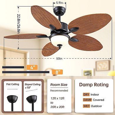 50-Inch Tropical Ceiling Fan with Light, Palm Leaf Blades, Remote App Control