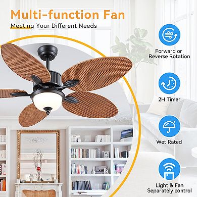 50-Inch Tropical Ceiling Fan with Light, Palm Leaf Blades, Remote App Control