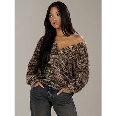 Women's Oversized Striped Button Down Long Sleeve Drop Shoulder Knit Sweaters Cardigan