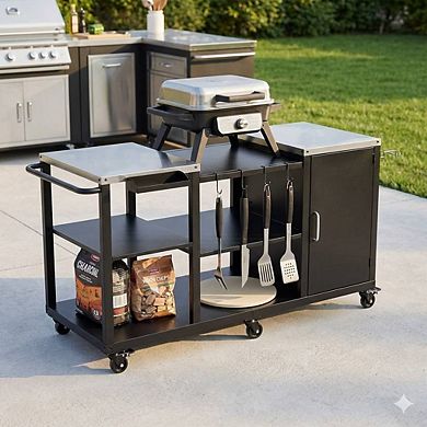Heavy Duty Grill Table for Big Green Egg, Large Outdoor Kitchen Cart with Storage Shelves and Wheels