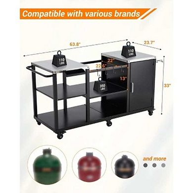 Heavy Duty Grill Table for Big Green Egg, Large Outdoor Kitchen Cart with Storage Shelves and Wheels