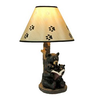Black Bear Reading To Curious Cubs Table Lamp W Paw Print Shade