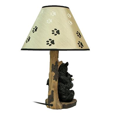 Black Bear Reading To Curious Cubs Table Lamp W Paw Print Shade