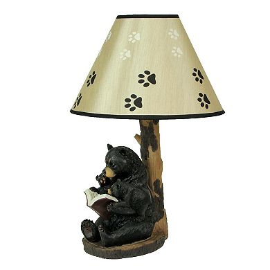 Black Bear Reading To Curious Cubs Table Lamp W Paw Print Shade