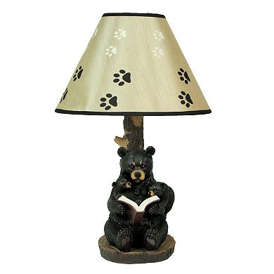 Black Bear Reading To Curious Cubs Table Lamp W Paw Print Shade