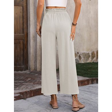 Women Wide Leg Pants Palazzo Drawstring Elastic Waist Trousers with Pockets Vacation Clothes