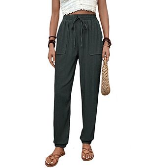 Women Casual Drawstring Elastic High Waist Straight Leg Loose Trousers with Pockets