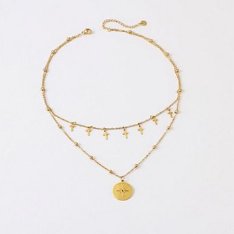 Women's Layered Necklace with Cross Charms and Compass Medallion Pendant