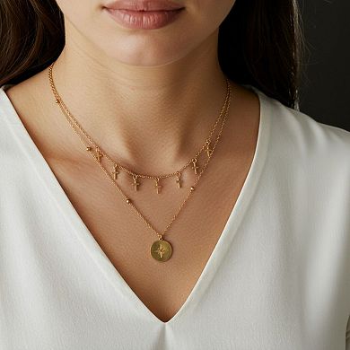 Women's Layered Necklace with Cross Charms and Compass Medallion Pendant