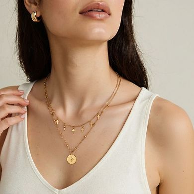 Women's Layered Necklace with Cross Charms and Compass Medallion Pendant
