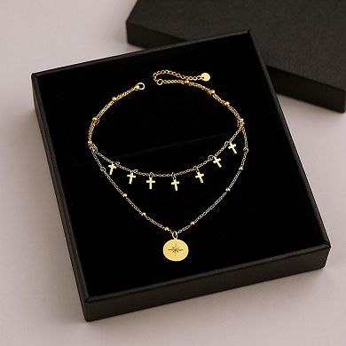 Women's Layered Necklace with Cross Charms and Compass Medallion Pendant