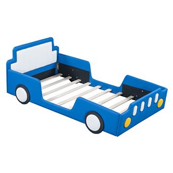 Pnronnc Twin Size Race Car-Shaped Toddler Floor Bed Kids Platform Bed with Wheels