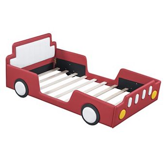 Pnronnc Twin Size Race Car-Shaped Toddler Floor Bed Kids Platform Bed with Wheels