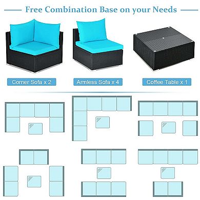 7 Pieces Sectional Wicker Furniture Sofa Set with Tempered Glass Top Coffee Table