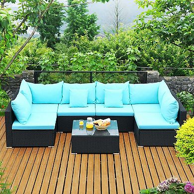 7 Pieces Sectional Wicker Furniture Sofa Set with Tempered Glass Top Coffee Table