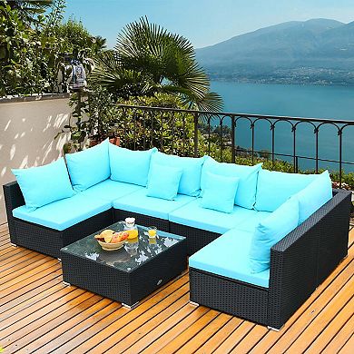 7 Pieces Sectional Wicker Furniture Sofa Set with Tempered Glass Top Coffee Table