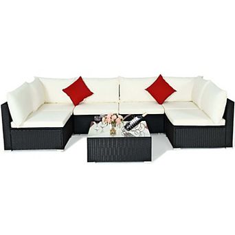 7 pc Sectional Wicker Furniture Sofa Set with Tempered Glass Top Coffee Table