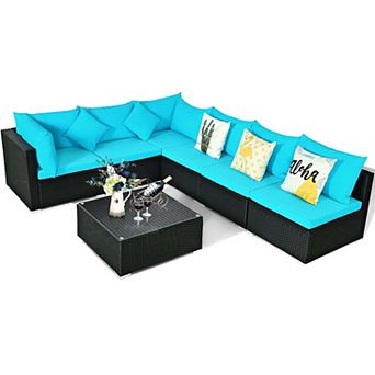 7 pc Sectional Wicker Furniture Sofa Set with Tempered Glass Top Coffee Table